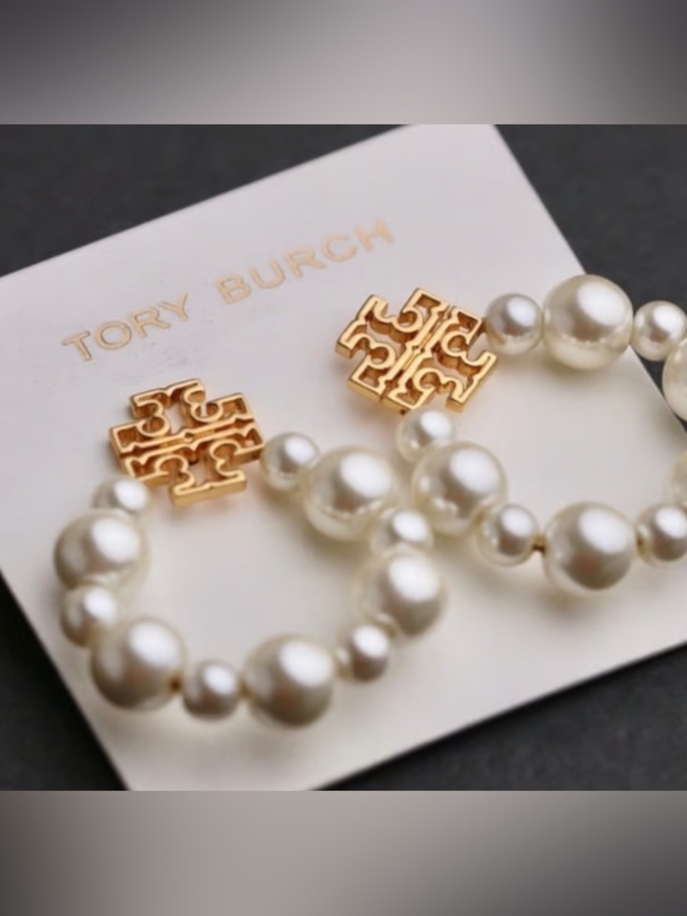 Tory Burch Gold Logo and Ivory Pearl Drop Earrings - Picture 1 of 5